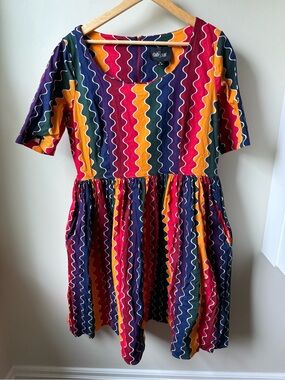 COLLECTIF Amber Lea Rainbow Wave Swing Dress Retro Fit Flare Rockabilly Twee 2XL